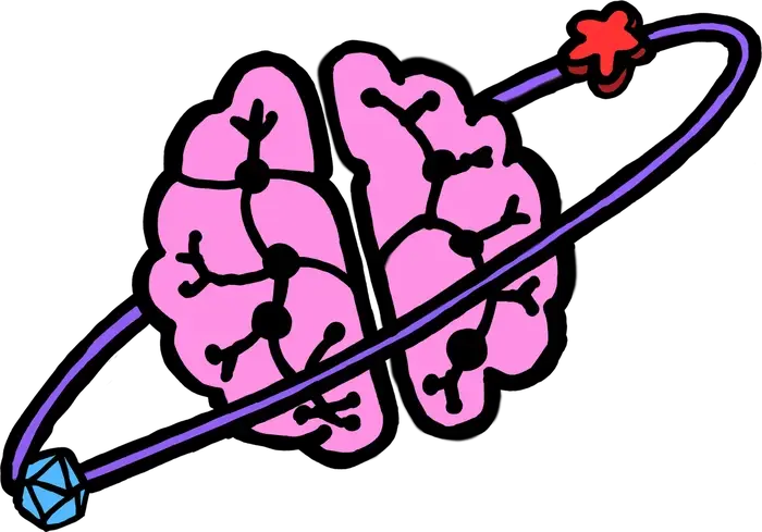 A pink brain circled by an orbit carrying a red meeple and a blue twenty-sided die