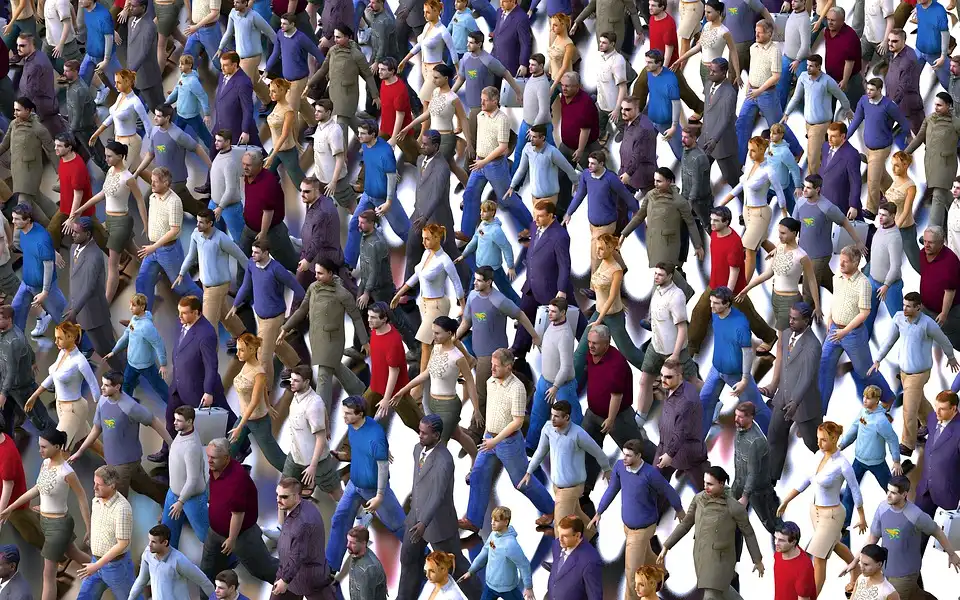 A crowd of people walking together in synchrony